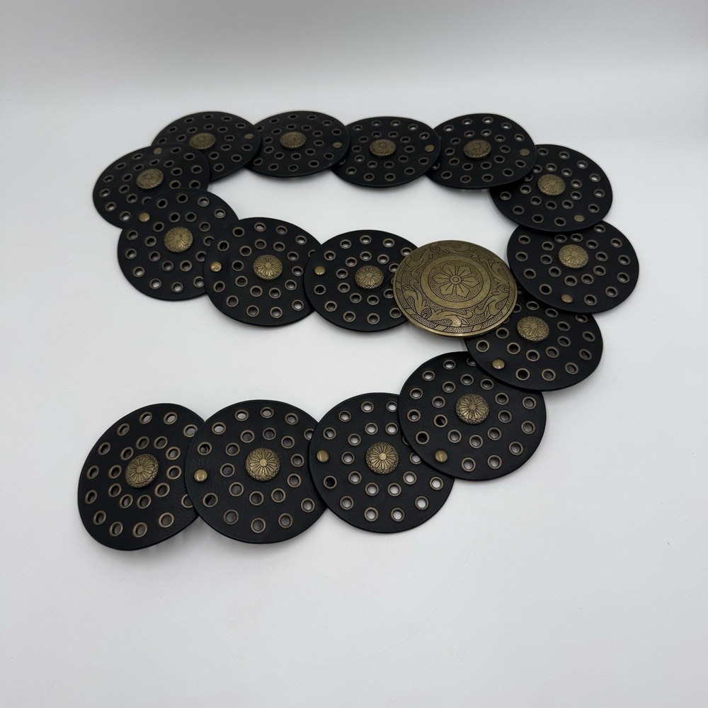 Y2K Black‎ Disc Concho Belt Gold Tone Buckle Grommet Boho Western Statement